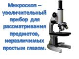 Микроскоп – увеличительный прибор для рассматривания предметов, неразличимых простым глазом.