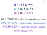 A + R + D = 1 A + R + D = 1 Aν + Rν + Dν = 1 A=1 R=0 D=0  абсолютно чёрное тело A=0 R=1 D=0  зеркальная поверхность A=0 R=0 D=1  диатерическая среда сухой воздух D1