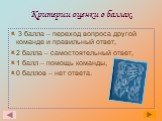 Критерии оценки в баллах. 3 балла – переход вопроса другой команде и правильный ответ, 2 балла – самостоятельный ответ, 1 балл – помощь команды, 0 баллов – нет ответа.