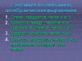 Составьте по описанию алгебраические выражения: Сумма квадратов чисел а и b. Разность между числом m и удвоенной суммой чисел а и b. Квадрат разности чисел b и а. Разность квадратов чисел а и b, умноженная на сумму этих чисел.