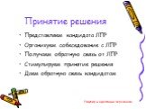 Принятие решения. Представляем кандидата ЛПР Организуем собеседование с ЛПР Получаем обратную связь от ЛПР Стимулируем принятие решения Даем обратную связь кандидатам