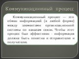 Коммуникационный процесс. Коммуникационный процесс — это обмен информацией (в любой форме) между элементами организационной системы по каналам связи. Чтобы этот процесс был эффективен - информация должна быть понятна и отправителю и получателю.