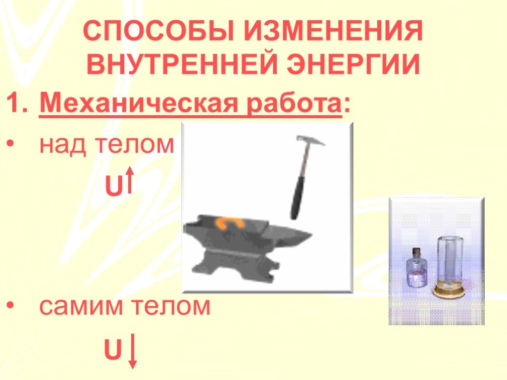 На сколько изменилась внутренняя энергия. Способы изменения внутренней энергии тела. Способы изменения механической энергии. Совершение механической работы над телом. 2 Способа изменения внутренней энергии.