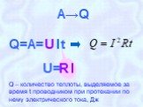 A→Q. Q – количество теплоты, выделяемое за время t проводником при протекании по нему электрического тока, Дж