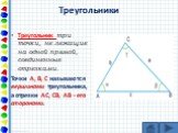 Треугольник три точки, не лежащие на одной прямой, соединенные отрезками. Точки А, В, С называются вершинами треугольника, а отрезки АС, СВ, АВ - его сторонами.