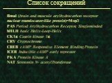 Список сокращений. Bmal (brain and muscule arylhydrocarbon receptor nuclear translocator-like protein)=Mop3 PAS Period Arylhydrocarbon Receptor, Singleminded bHLH basic Helix-Loop-Helix CK1e Casein kinase 1e CRY Cryptochrome CREB cAMP Responsive Element Binding Protein ICER Inducible cAMP early repr