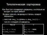 Как быстро определить вершины, в которые не входит ни одно ребро? Будем хранить входящую степень каждой вершины: массив deg_in длины n, deg_in[i]— число соседей i-й вершины. Pascal ... a[u, v] := True; Inc(deg_in[v]); ... C ... a[u, v] = TRUE; deg_in[v]++; ...