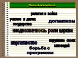 неоднозначность роли церкви. участие в делах государства. борьба с прогрессом. шарлатанство. нарушение своих заповедей. религия и война догматизм