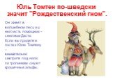 Юль Томтен по-шведски значит "Рождественский гном". Он живет в волшебном лесу и у него есть помощник - снеговик Дасти. Если вы придете в гости к Юлю Томтену – внимательно смотрите под ноги: по тропинкам снуют крошечные эльфы.