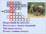 Некрасивый он, пожалуй… Вместо носа – шланг пожарный, Уши вроде опахал, Ростом с башню отмахал.