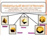 ПРАВИЛЬНЫЙ МНОГОГРАННИК- выпуклый многогранник, грани которого являются правильными многоугольниками с одним и тем же числом сторон и в каждой вершине которого сходится одно и то же число ребер. Гексаэдр Тетраэдр Октаэдр Додекаэдр Икосаэдр