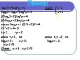 Пример: logx(9x2)log23x=4 ОДЗ: x>0 (logx9+logxx2)log23x=4 x≠1 (2logx3+2)log23x=4 (2/log3x+2)log23x=4 пусть log3x=t (2/t+2)t2=4 2t2+2t-4=0 t1=1; t2=-2 если t1=1, то если t2=-2, то log3x=1; x1=3; log3x=-2. x2=1/9. Ответ: x1=3, x2=1/9