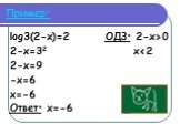 Пример: log3(2-x)=2 ОДЗ: 2-x>0 2-x=32 x