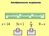 Алгебраическое выражение. Алгебраическим выражением называется выражение, содержащее переменные. x + 14 3x + 1 9 – x