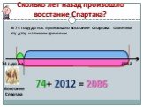 Сколько лет назад произошло восстание Спартака? В 74 году до н.э. произошло восстание Спартака. Отметим эту дату на линии времени. 74+ 2012 = 2086. 74 г. до н.э. Восстание Спартака