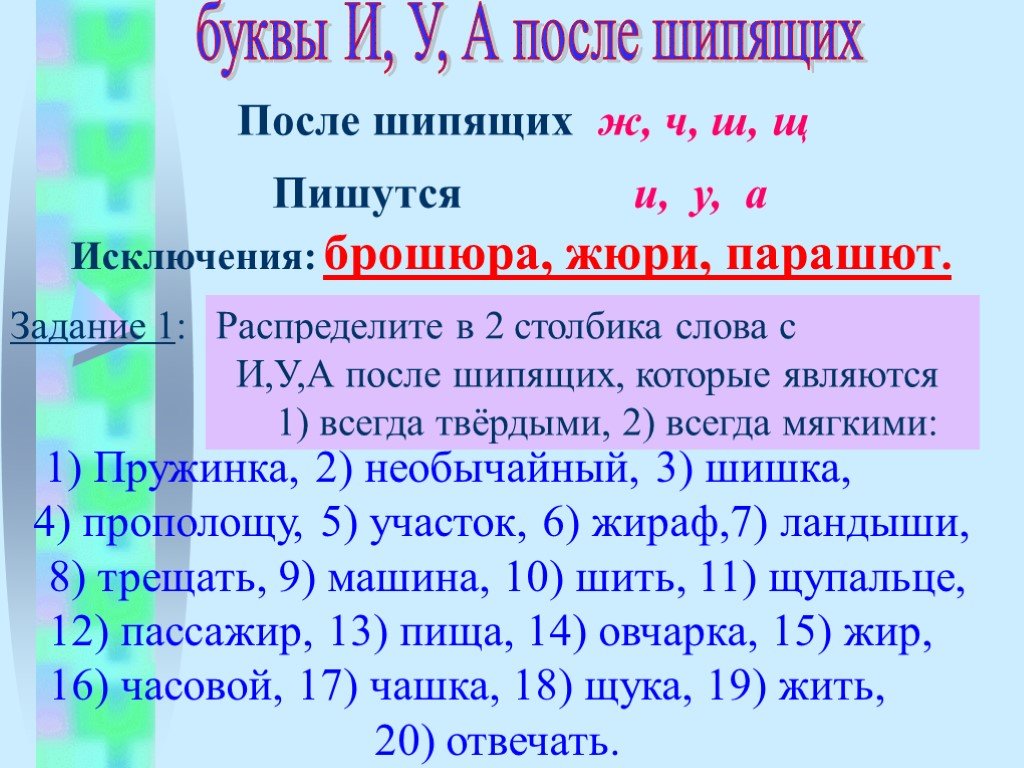 Буква после слова. Буквы и у а после шипящих. Буквы и у а после шипящих правило. Буквы и у а после шипящих задания. И У А после шипящих примеры.