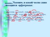 Задание: Укажите, в какой части слова находится орфограмма: Жилище, чудный, навещу, журчит, карандашик, хороши, ёжик, роща, жюри, лыжи, ощупать, частный, участвовать, камыши, съёжиться, ошибка, брошюра.