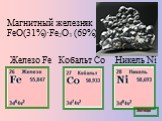 Кобальт Co. Магнитный железняк FeO(31%)·Fe2O3 (69%). Железо Fe Никель Ni