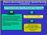 Особенности: - ярко выраженный космоцентризм; - повышенное внимание к объяснению явлений окружающей природы; - поиск первоначала, породившего все сущее; - одушевление неживой природы; -доктринерский недискуссионный характер учений). Первые философские школы Древней Греции (досократические). Досократ