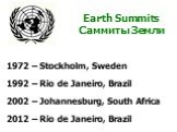Earth Summits Саммиты Земли. 1972 – Stockholm, Sweden 1992 – Rio de Janeiro, Brazil 2002 – Johannesburg, South Africa 2012 – Rio de Janeiro, Brazil