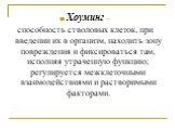 Хоуминг – способность стволовых клеток, при введении их в организм, находить зону повреждения и фиксироваться там, исполняя утраченную функцию; регулируется межклеточными взаимодействиями и растворимыми факторами.