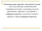 Региональные (зрелые) стволовые клетки - постнатальные соматические плюрипотентные стволовые клетки различных органов, способные к дифференцировке в клетки "своего" органа и трансдифференцировке.