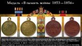 Медаль «В память войны 1853—1856». Медалью «В память войны 1853—1856» награждался широкий круг лиц, как воевавших на Крымской войне, так и находившихся в тылу. Рисунок медали был утверждён ещё 30 марта 1856 года. Медаль была официально учреждена 26 августа 1856 года Александром II в специальном мани
