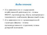 Виды планов: 1) в зависимости от содержания хозяйственной деятельности - планы НИОКР; производства; сбыта; материально-технического снабжения; финансовый план; 2) в зависимости от организационной структуры фирмы - планы производственного отделения; планы дочерней компании.