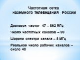 Частотная сетка наземного телевещания России Диапазон частот 47 – 862 МГц Число частотных каналов – 99 Ширина спектра канала – 8 МГц Реальное число рабочих каналов – около 40
