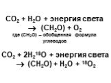 CO2 + H2O + энергия света  (CH2O) + O2 где (CH2O) – обобщенная формула углеводов CO2 + 2H218O + энергия света  (CH2O) + H2O + 18O2