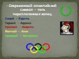 Современный олимпийский символ – пять переплетенных колец. Синий - Европа Черный – Африка Красный – Америка Желтый – Азия Зеленый - Австралия