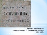 Надпись на обелиске: «Место дуэли А.С. Пушкина 26/V-1799 – 29/I-1837»