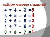 Найдите значения выражений. 4 + 4 – 3 = 3 + 5 – 4 = 2 + 6 – 5 = 1 + 7 – 6 =. 0 + 8 – 7 = 4 2 1