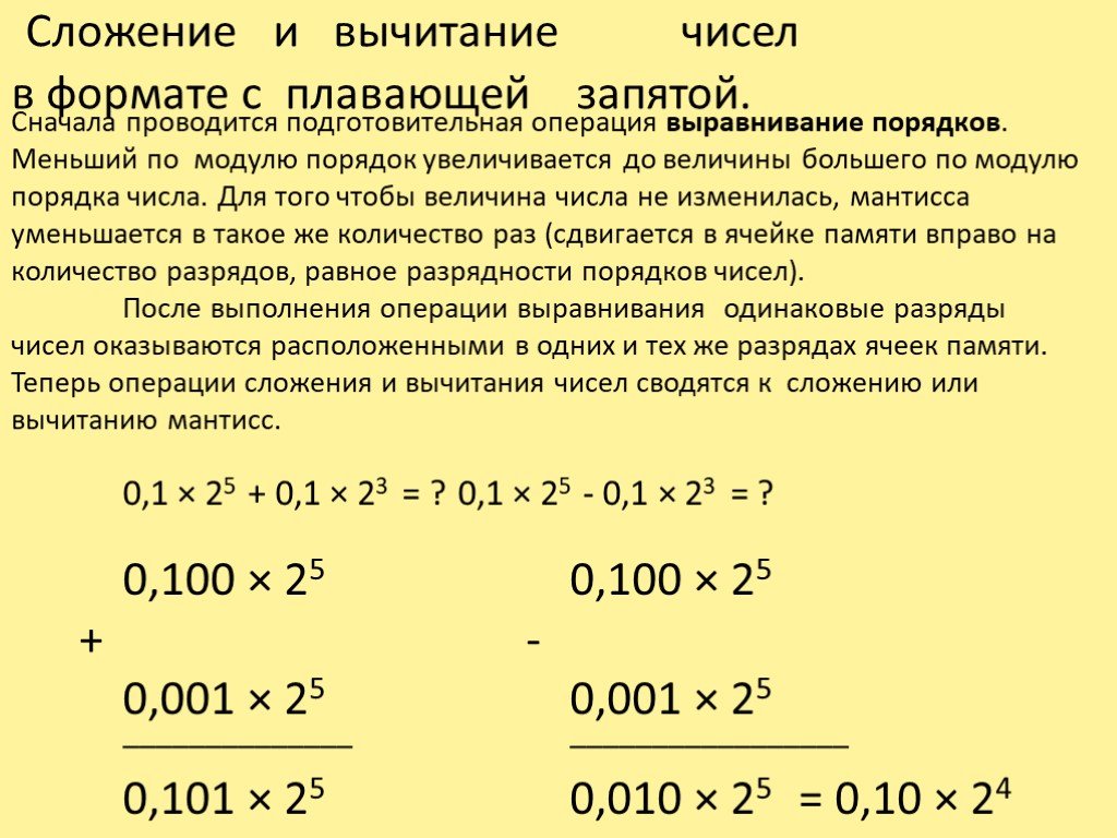 Число с плавающей запятой. Операции над числами с плавающей запятой. Сложение и вычитание чисел с плавающей запятой. Сложение в формате с плавающей запятой. Число с плавающей запятой Мантисса.