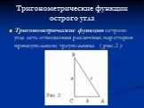 Тригонометрические функции острого угла. Тригонометрические функции острого угла есть отношения различных пар сторон прямоугольного треугольника ( рис.2 ):