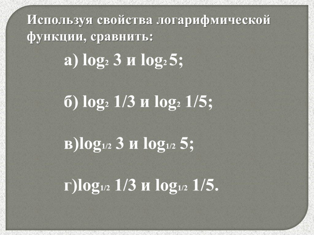 Сравнить log 1 2 3 4. Используя свойства логарифмической функции сравните log 1/3 2 и log 1/5 2. Сравнить логарифмические функции. Сравнить числа log1/2 3/4 и log1/2 4/5. Сравните log5 4 и log5 3.