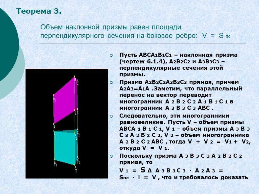 Площадь сечения призмы равна. Теорема об объеме наклонной Призмы. Объем Призмы теорема. Объем наклонной Призмы доказательство теоремы. Объем прямой Призмы доказательство теоремы.