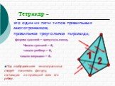 4 3 Тетраэдр –. это один из пяти типов правильных многогранников; правильная треугольная пирамида; 1 2 число вершин – 4. Под изображением многогранника следует понимать фигуру, состоящую из проекций всех его рёбер. Число граней – 4, форма граней – треугольники, число ребер – 6,