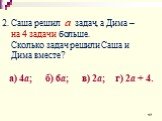 2. Саша решил а задач, а Дима – на 4 задачи больше. Сколько задач решили Саша и Дима вместе? а) 4а; б) 6а; в) 2а; г) 2а + 4.