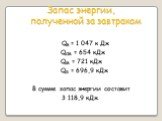 Запас энергии, полученной за завтраком. QБ = 1 047 к Дж QСМ = 654 кДж QМ = 721 кДж QЯ = 696,9 кДж В сумме запас энергии составит 3 118,9 кДж.