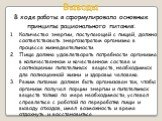 Выводы. В ходе работы я сформулировала основные принципы рационального питания: Количество энергии, поступающей с пищей, должно соответствовать энергозатратам организма в процессе жизнедеятельности. Пища должна удовлетворять потребности организма в количественном и качественном составе и соотношении