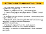 ПРЕДПОСЫЛКИ ВОЗНИКНОВЕНИЯ ЭТИКИ. – система нравственных отношений достигла определенных уровней; – вторичное разделение общественного труда; – человеческая рефлексия (стремление постичь самого себя); – потребность осмысления и описания складывающихся норм и отношений; – потребность осмысления нравст