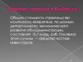 Общая стоимость строительства комплекса «Шерегеш», по данным департамента экономического развития обладминистрации, составляет 15,7 млрд. руб. Половина этой суммы — средства частных инвесторов.