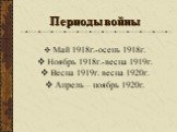 Периоды войны. Май 1918г.-осень 1918г. Ноябрь 1918г.-весна 1919г. Весна 1919г. весна 1920г. Апрель – ноябрь 1920г.