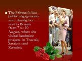 The Princess's last public engagements were during her visit to Bosnia from 7 to 10 August, when she visited landmine projects in Travnic, Sarajevo and Zenezica.