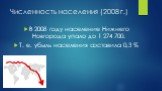 Численность населения (2008 г.). В 2008 году население Нижнего Новгорода упало до 1 274 700. Т. е. убыль населения составила 0,3 %