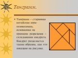 Танграмм. Танграмм – старинная китайская игра-головоломка, основанная на принципе разрезания – складывания квадрата. Квадрат разделяется таким образом, как это показано на рисунке.