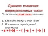 Чтобы сложить отрицательные числа, надо: Сложить модули этих чисел Поставить перед суммой знак минус. - a + (-b) = - ( │-a │ + │-b │). Правило сложения отрицательных чисел