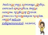 Майское утро, гостиница «Дубки», светлый автомобиль, дверца машины, профессор Громов, отнесли с помощниками чемодан, мягкий нейлон, кибернетический мальчик.