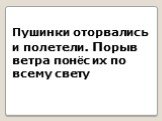 3. Пушинки оторвались и полетели порыв ветра понес их по всему свету. Пушинки оторвались и полетели. Порыв ветра понёс их по всему свету